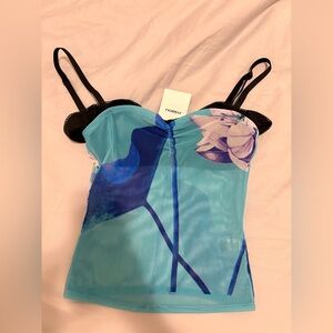 Miaou Blue Floral Mesh Camisole with Black Straps